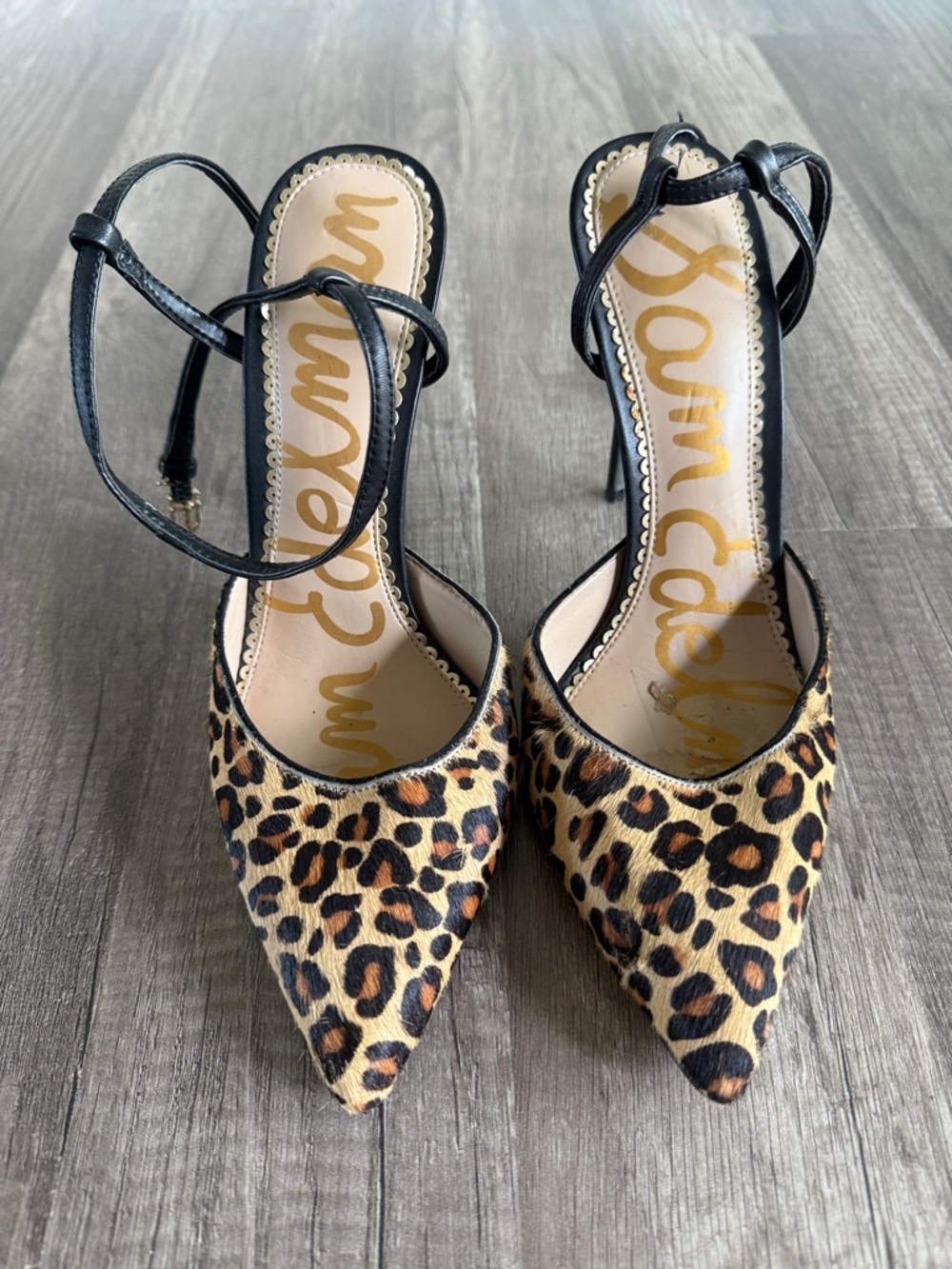 Sam Edelaman Shoes Black Leopard Print Stilettos Ankle Strap Size 7.5